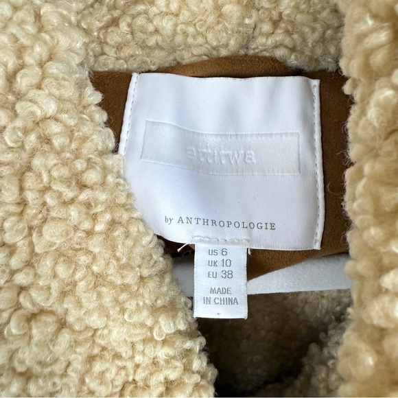 Anthropologie Jacket Womens 6 Ett:taw Hooded Sherpa Faux Suede Brown Tan Coat - Picture 8 of 14
